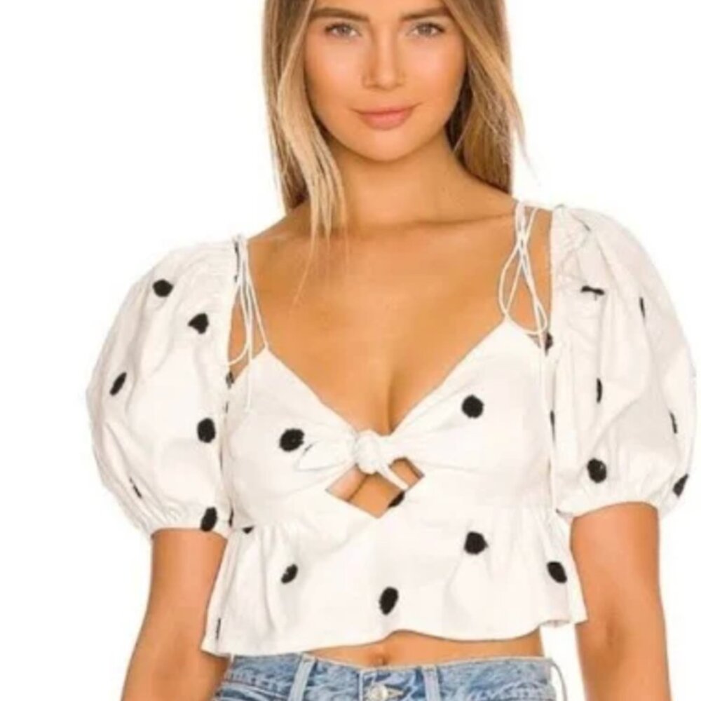 For Love & Lemons White Black Polka Dot Crop Blouse Womens XS